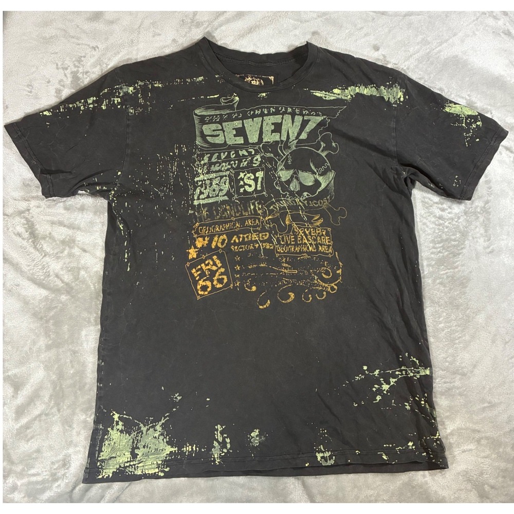 Seven7 Mens Y2K Graphic Skull T-Shirt Black Green Distressed XXL